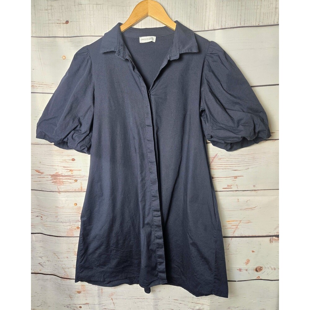 CIVICO 51 Womens Shirt Dress Size L Navy Blue Puff Sleeve Button Down Collared